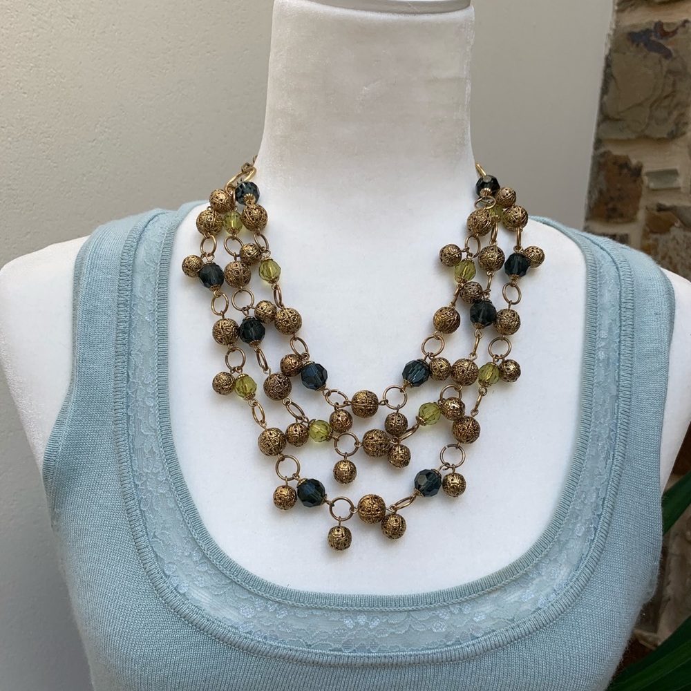 3-Tier Blue & Gold Beaded Necklace with Earrings Set